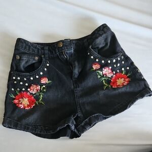 Forever 21 Black and Red Floral Jean Shorts